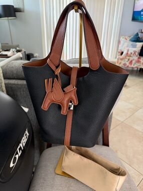 White Fox Boutique Black & Brown Leather Two-Tone Tote with Horse Charm